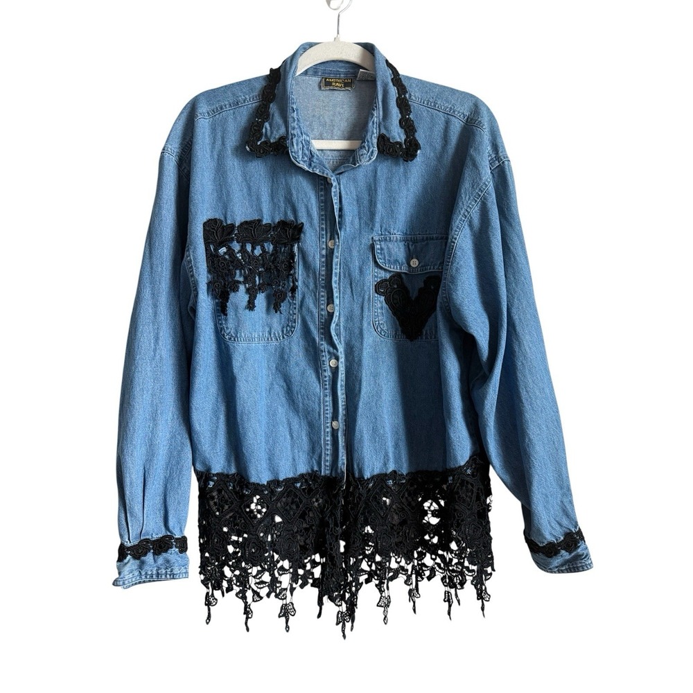 Vtg 90s American Rave AMRAV Lace Trim Denim Button Down Shirt Western Women's XL